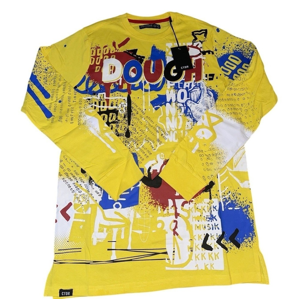 NWT Contender DOUGH" Graphic Long  Sleeve Tee Mens Small Yellow Y2K Streetwear